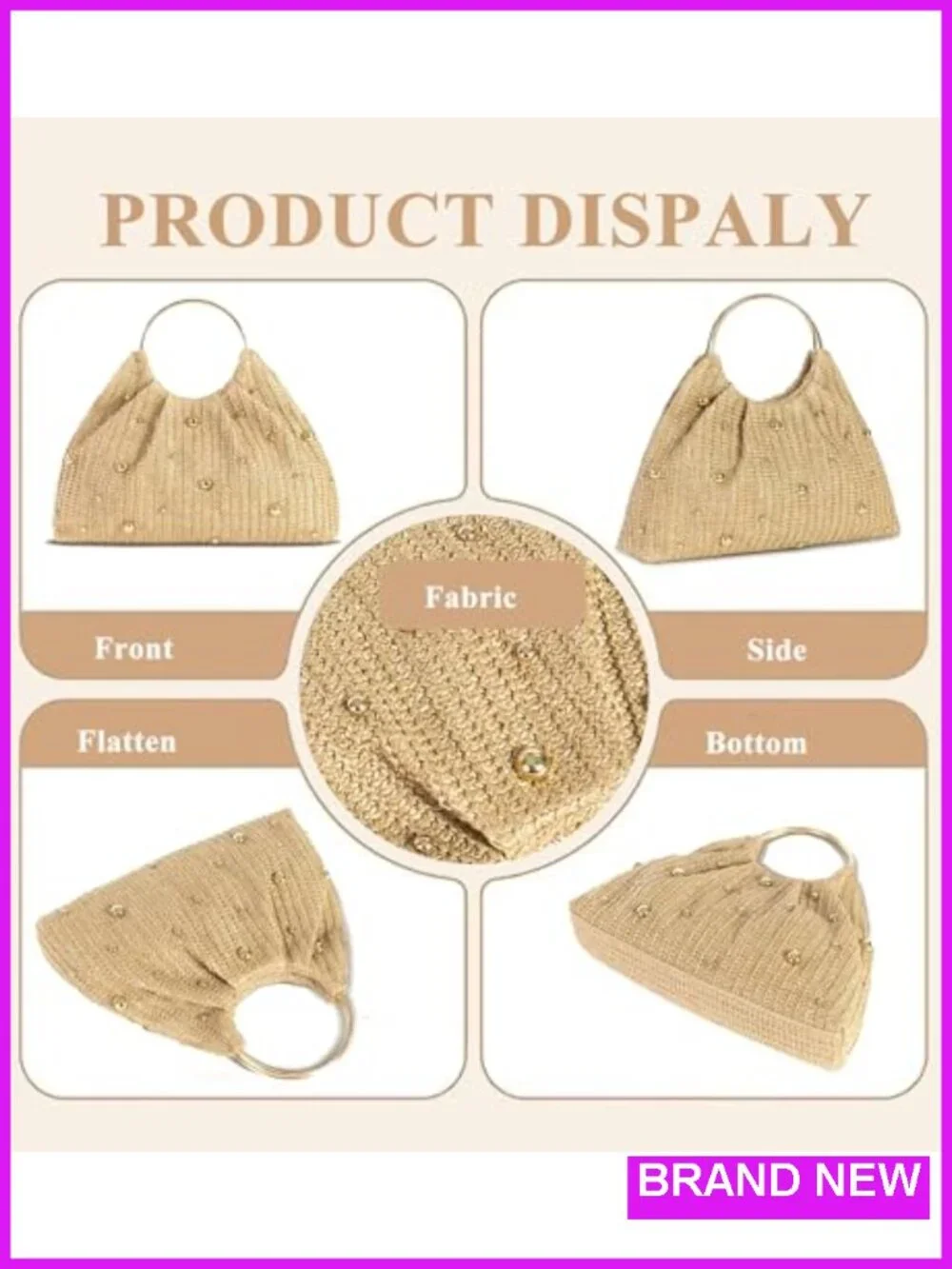 Boho Raffia Straw Beach Bag with Ring Handle Handwoven